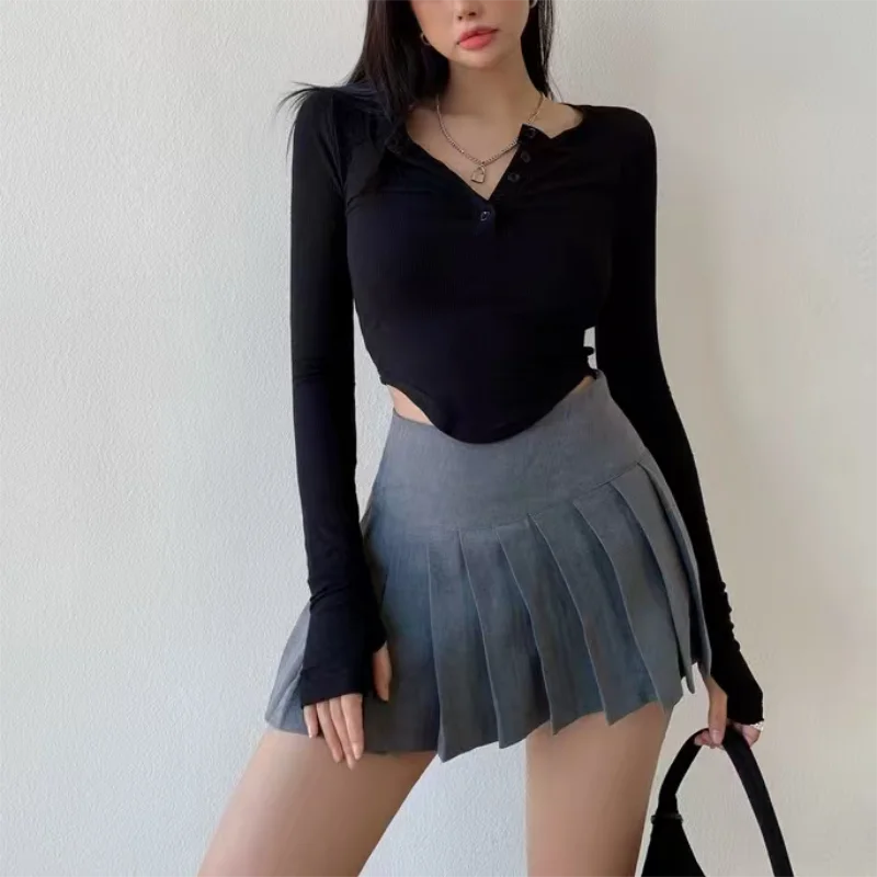 

Y2K женский базовый укороченный топ с длинными рукавами модная эстетичная одежда на пуговицах тонкая однотонная футболка женские повседневные трендовые топы уличная одежда