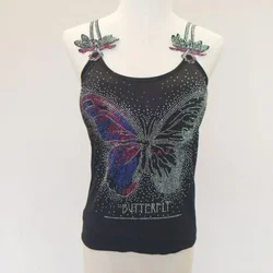 femme padding tanks butterfly sling tops women red gold gemstones tanks tops woman rhinestones sport tanks women padded camis