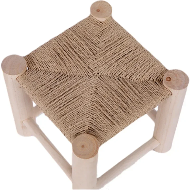 Wooden Woven Shoe Changing Stool Pine Stool Hand Woven Solid Wood Stool Non-slip Home Use