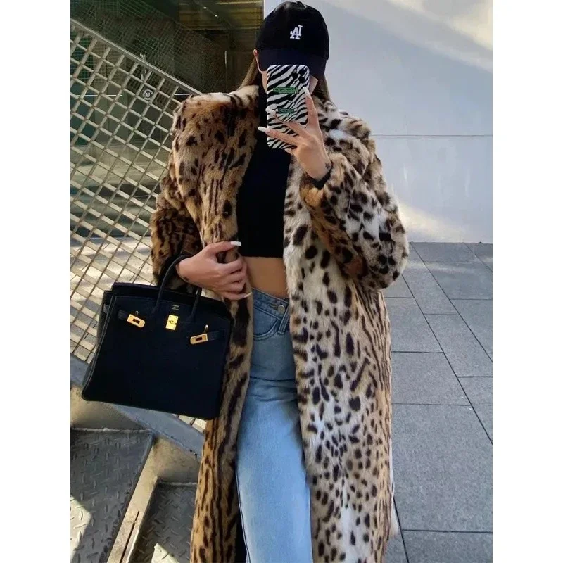 

Winter New Leopard Print Imitation Fur Coat Loose Warm Soft Fluffy Jacket Faux Fur Coat Women Long Styles Fashion Lapels 2025
