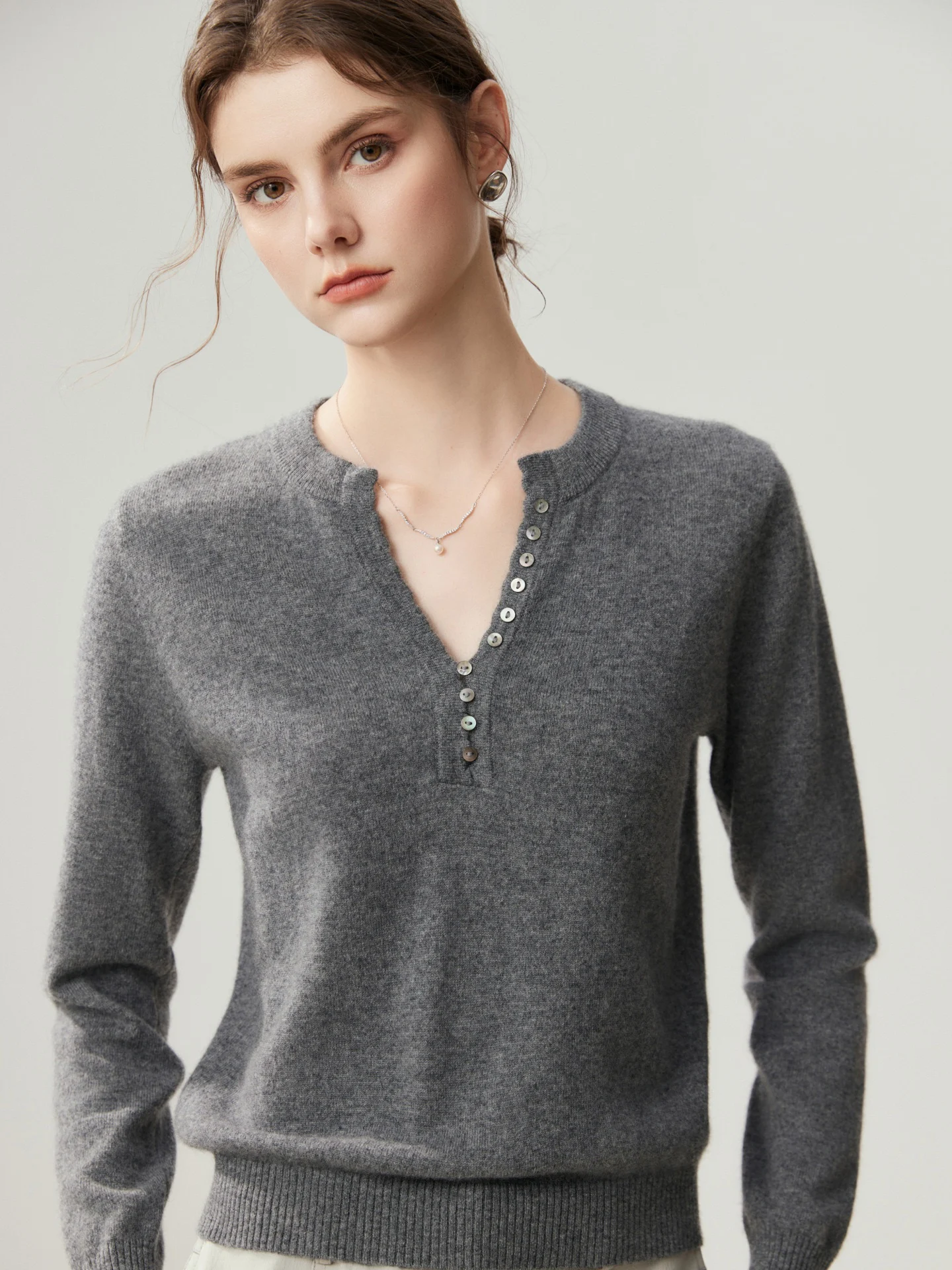 Autumn Winter 100% Pure Cashmere Pullover Sweater Women Long Sleeve Button Soild V-neck Knit Base Layer High-end Inner Versatile