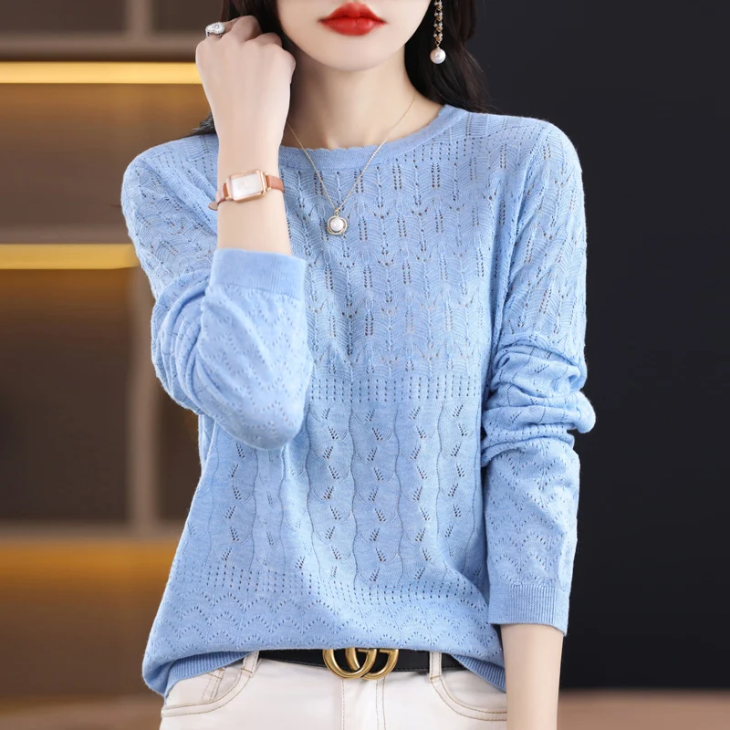 Worsted Wool Sweater Women's Spring 2023 New Western-Style Solid Color Round Neck Top With Long Sleeve Bottom Hollowed-Out Thin