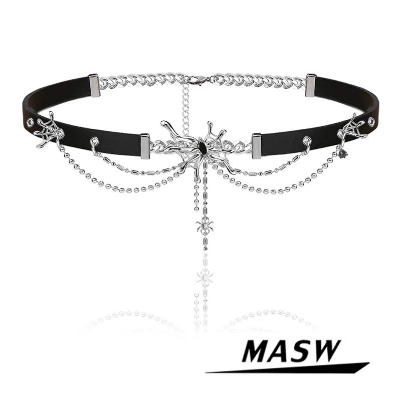 MASW Cool Style Black Suede Necklace 2022 New Trend Silver Plated Chain Tassel Spider Web Cobwebs Choker Necklace Women Jewelry