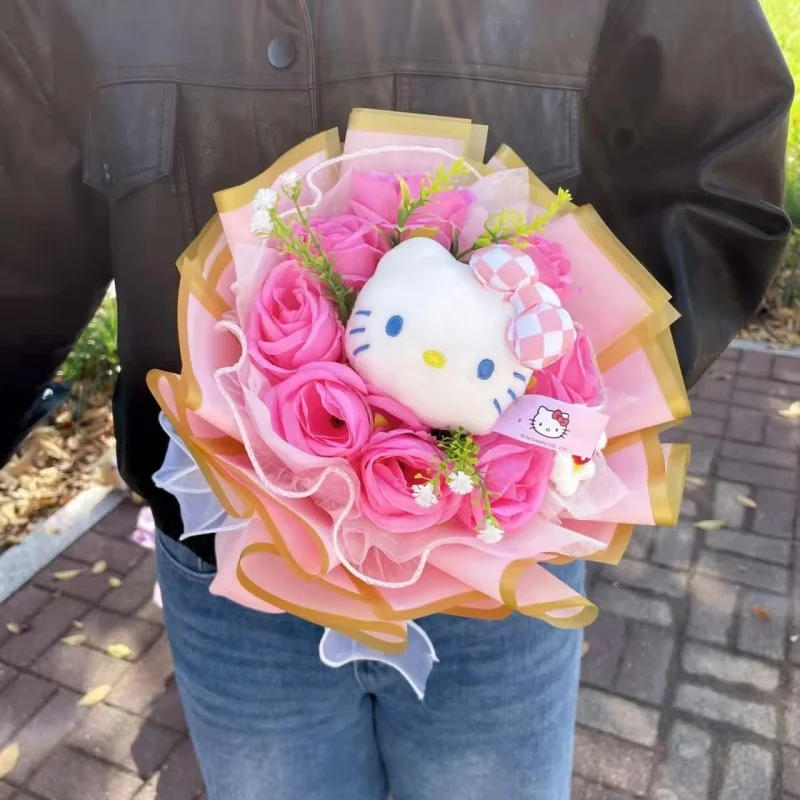 Echte Hellokitty Katzen-Plüschpuppe Gefüllte Tiere mit Blumen Kreativer Handgefertigter Blumenstrauß Valentinstag Weihnachten Abschlussgeschenke – Detail 5