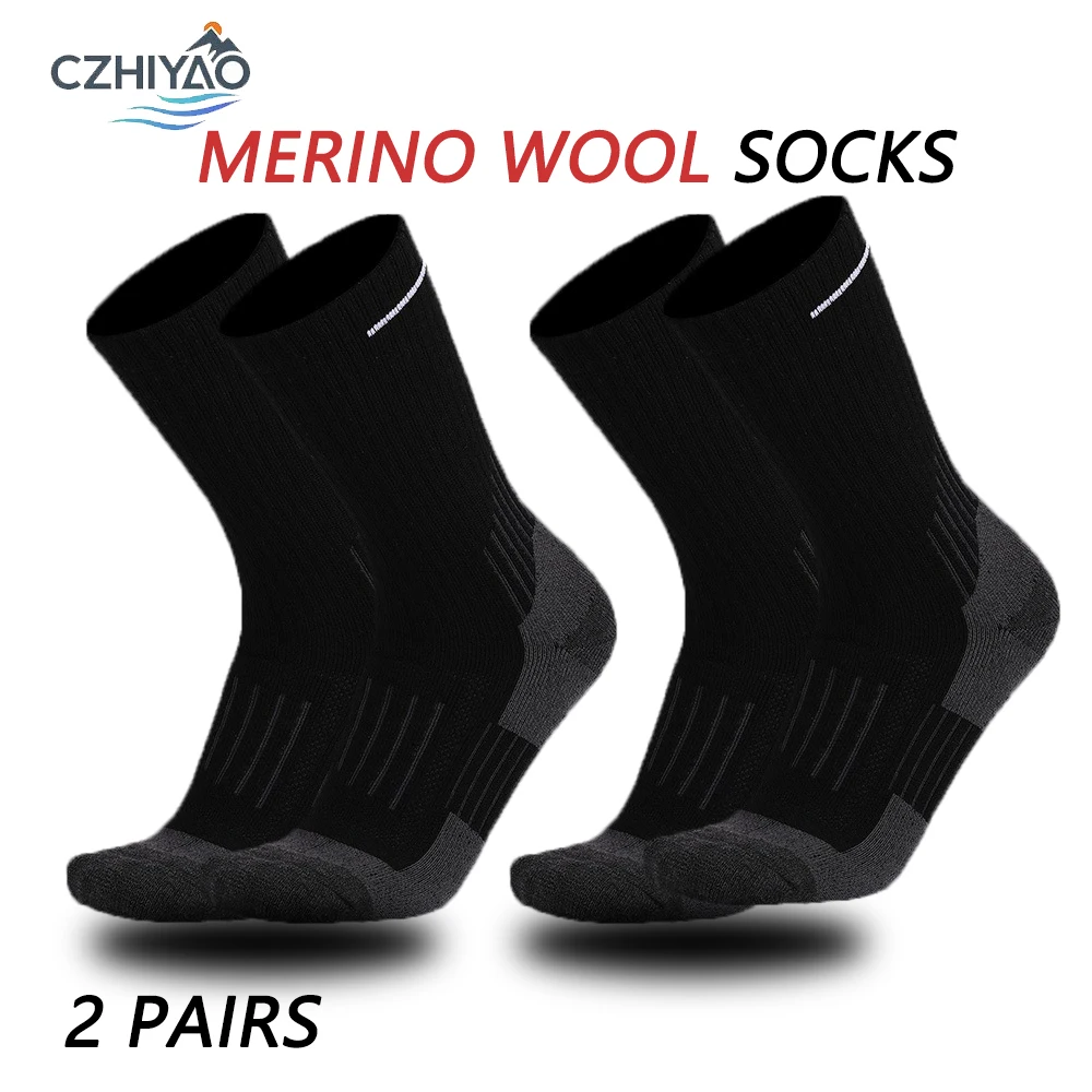 جوارب CZHIYAO 2 Pais Merino من الصوف للمشي لمسافات طويلة للرجال والنساء، حذاء مبطن دافئ ماص للرطوبة وجيد التهوية لجميع المواسم والرياضة