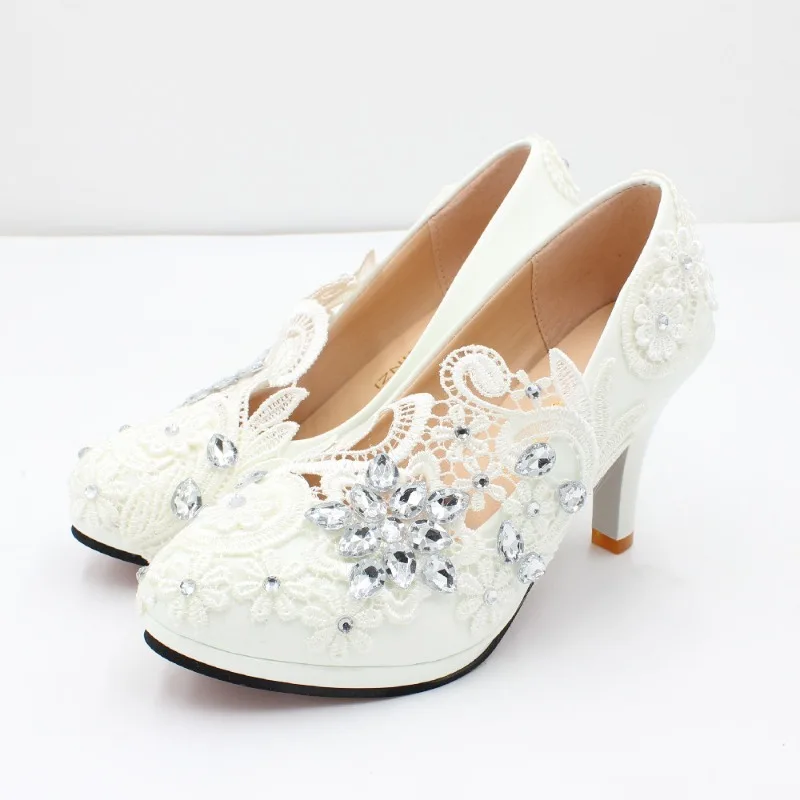 Wedding Women Pumps PU Lace 3 5 8 CM Thin Heels 2024 New White High Heels Bridal Round Head Lace Water Diamond Woman Shoe