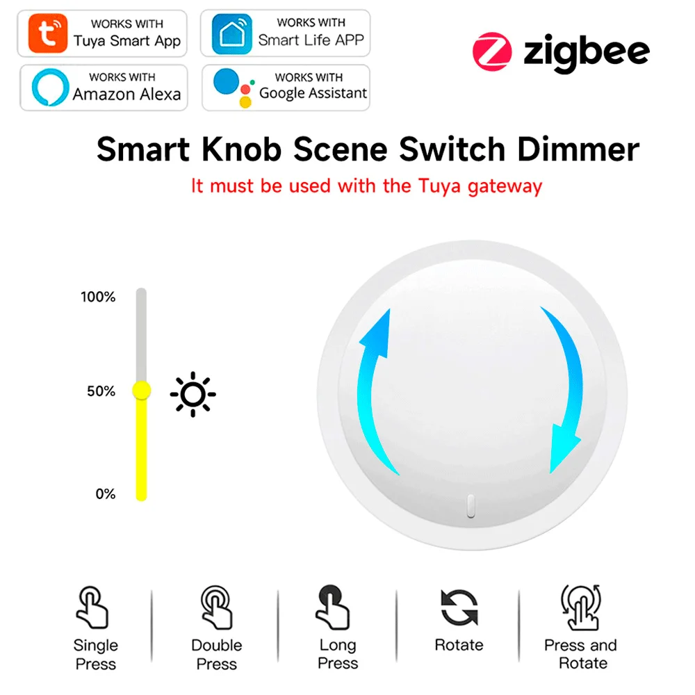 Tuya ZigBee Smart Knob Switch Wireless Scene Button Rotatable Dimmer Controller Switch Home Appliance Automation Linkage Remoter