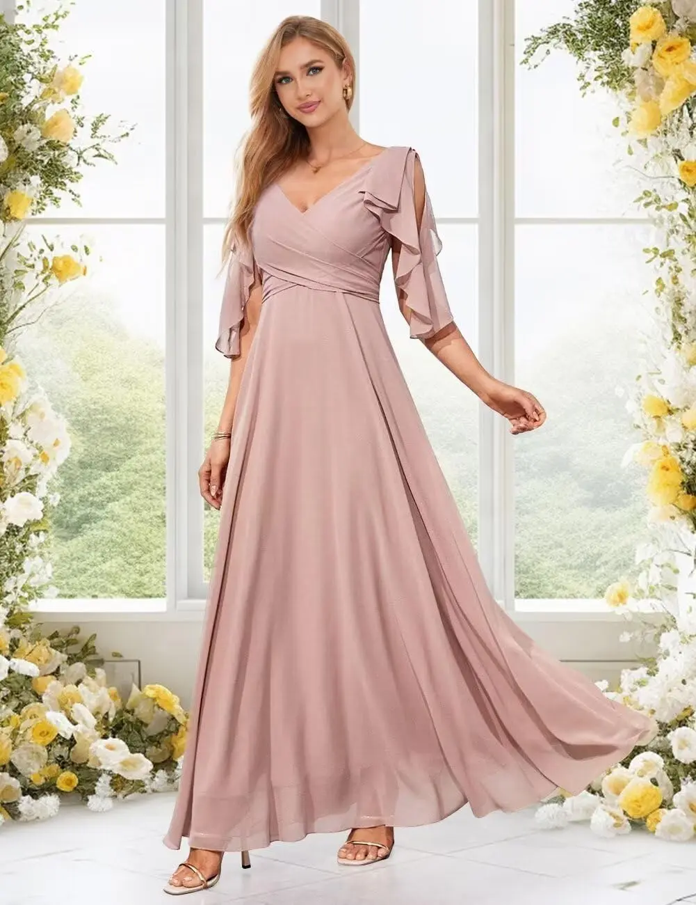 ชุดเพื่อนเจ้าสาวสำหรับผู้หญิง ชุดราตรีคอวีผ้าชีฟองเปิดไหล่ยาว ชุดออกงานกลางคืน ชุดเดรสผู้หญิงหรูหรา