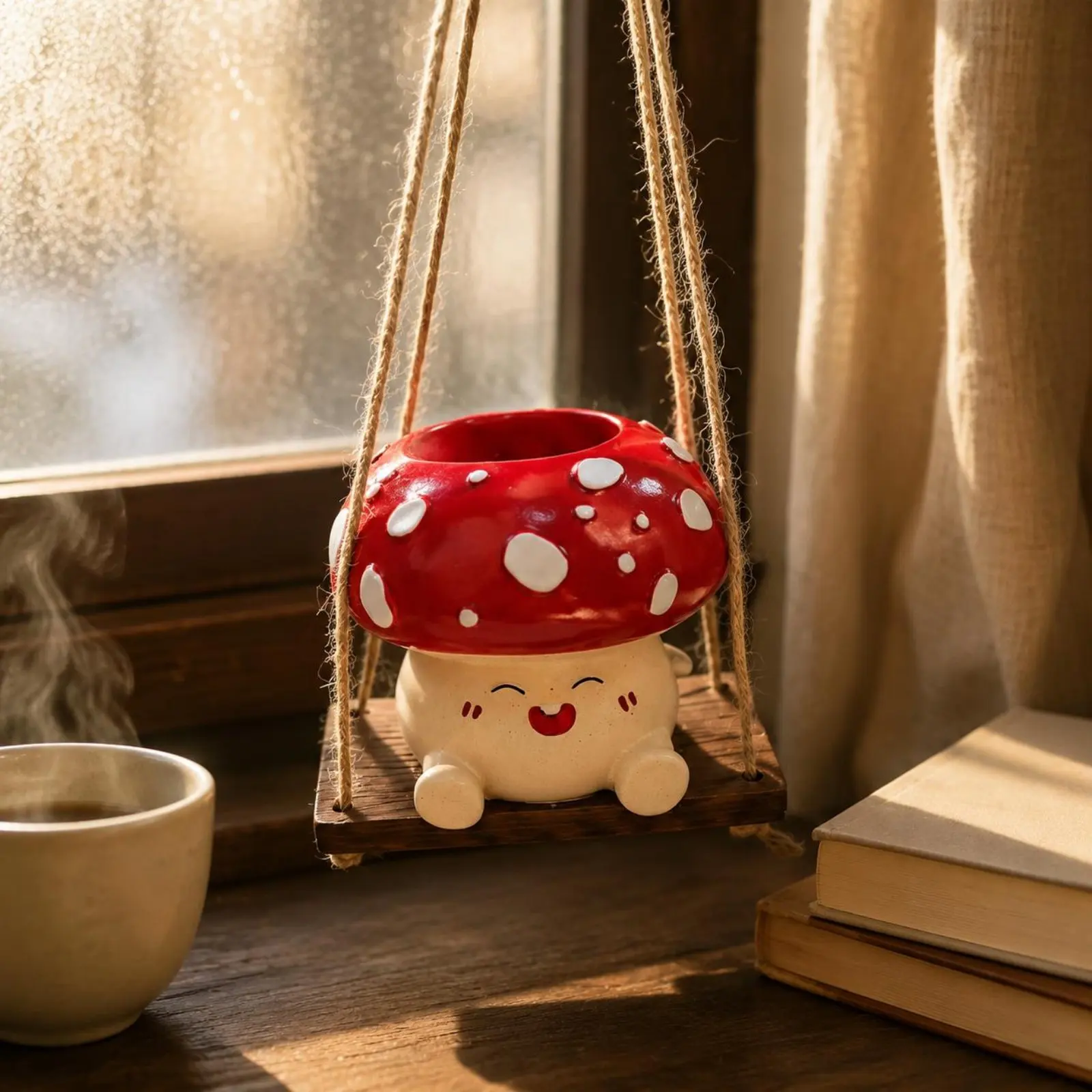 Fungus Swing Planter Cute Cartoon Fungus Pot Resin Hanging Flower Pot Smiling Face Garden Decor for Outdoor Patio