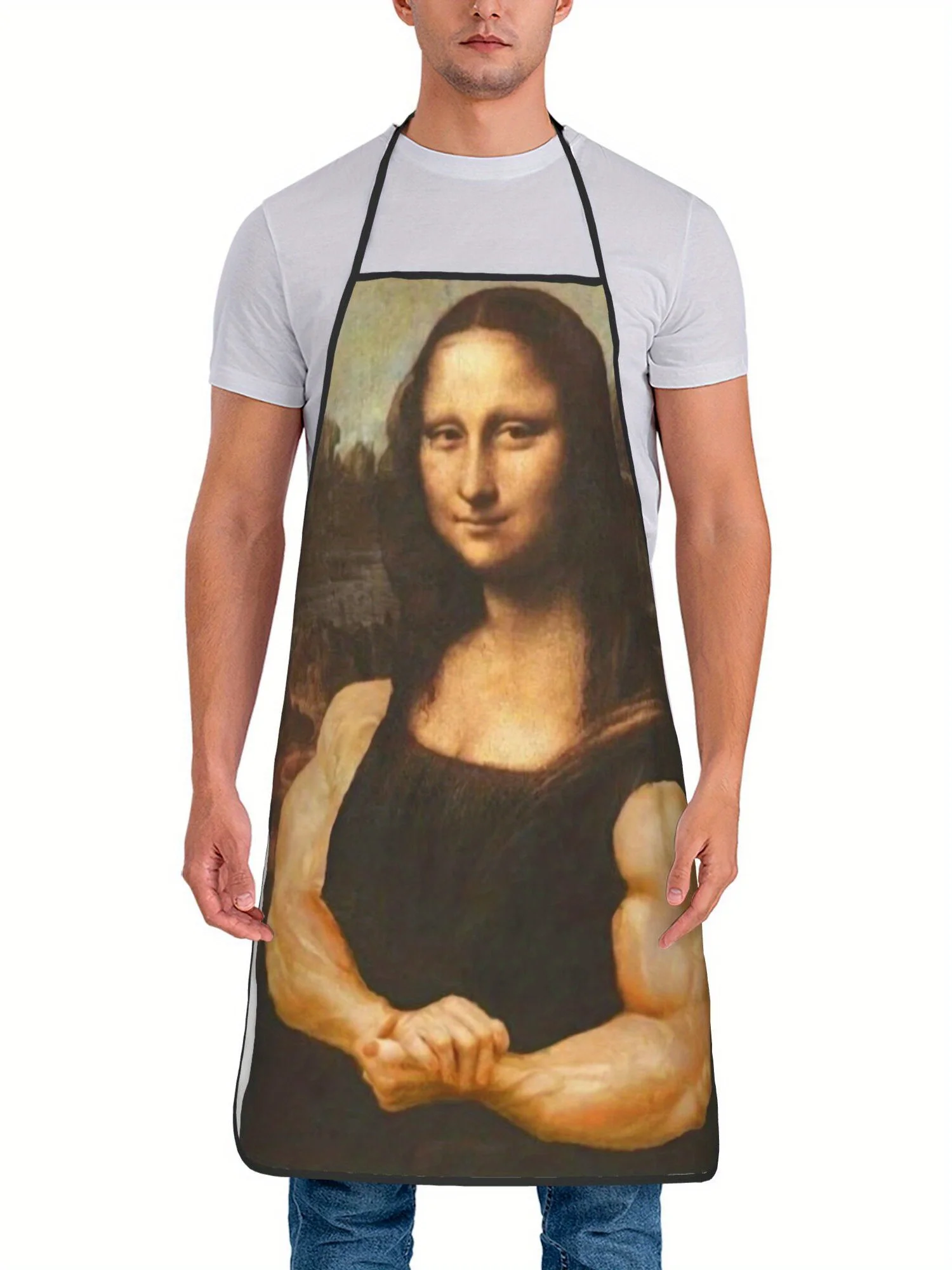 Humorous Muscular Mona Lisa Vintage Artwork Printed Oilproof Apron Men Women Cooking Barbecue Baker Funny Art Surprise Gift