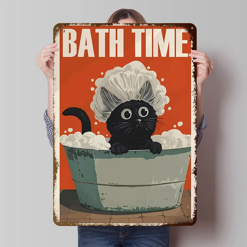 Black Cat Bath Time Printed Poster Customized Retro Wall Art Vintage Metal Tin Signs for Home Gaming Decoration Room House Decor