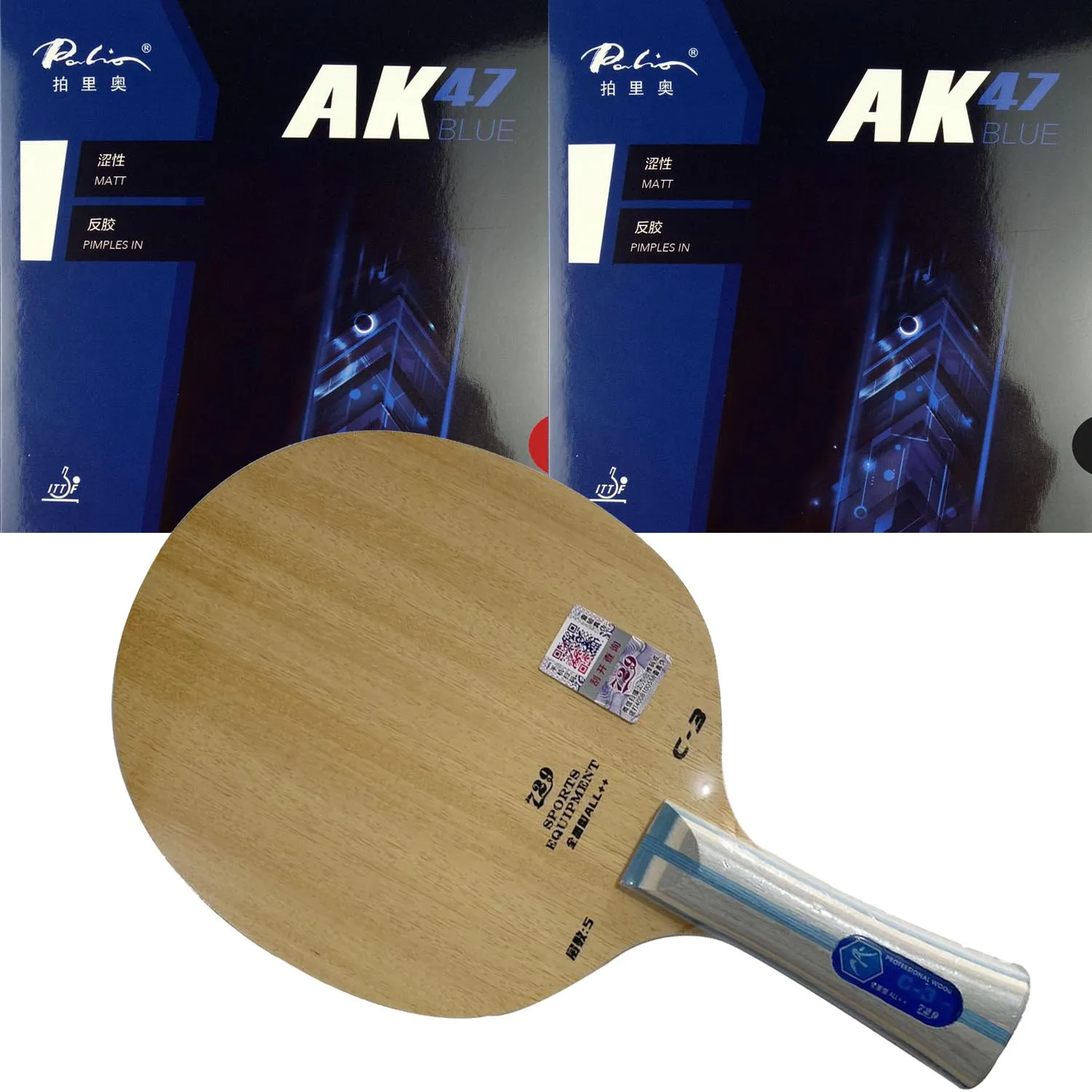 

Pro Combo Table Tennis Racket Ping Pong Paddle ALL++ RITC 729 Friendship C-3 Blade with 2x Palio AK47 BLUE Matt Rubbers