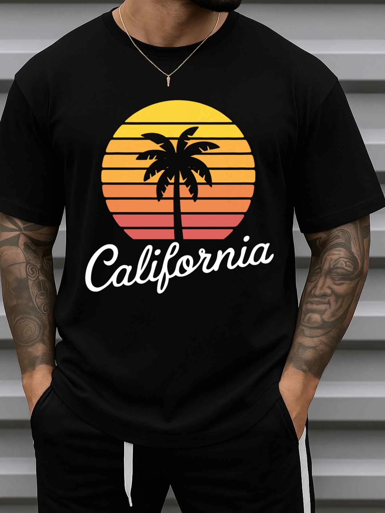 California Sunset Palm City T-Shirt for Men, Black, Soft and Comfortable, Stylish, Printed, Machine Washable, Casual Sportswear, Round Neck, Regular Sleeves, Suitable for All Seasons, New York Y2K Christmas Gift, Produced by Greenink