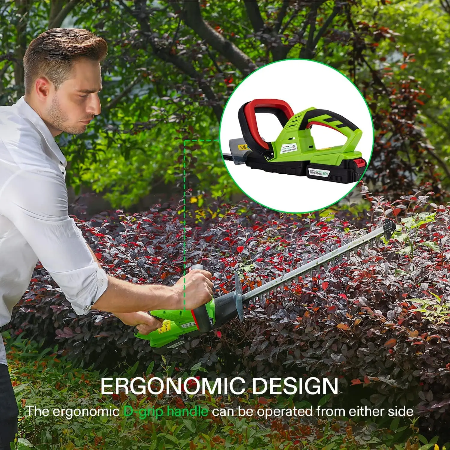 20"Cordless Hedge Trimmer,20V Electric Bush Trimmer,1400 RPM Shrub Trimmer,3/5"Cutting Capacity Battery&Fast Charger Included