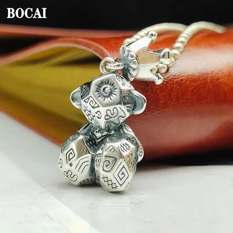 

BOCAI 2022 Pure S925 Silver Jewelry New Graffiti Crown Bear Fashion Trend Simple Men And Women Pendant Valentine's Day Gift