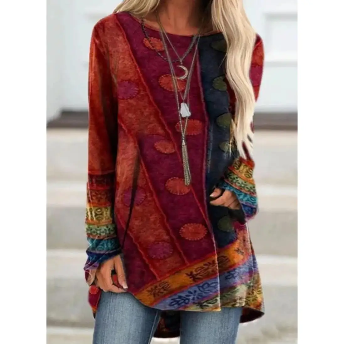 Camiseta larga estampada Sve para mujer, corte holgado, poliéster, informal, Faion, temporada de otoño, ropa para mujer, fibra de poliéster 00%