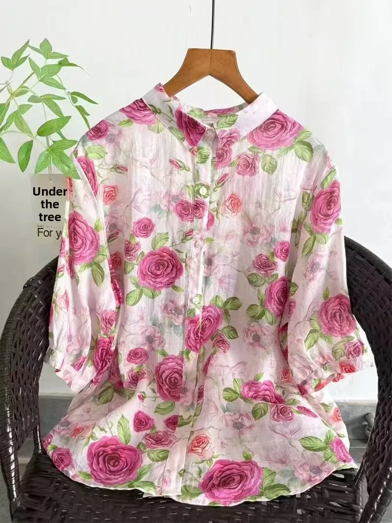 

Fashionable Floral Pink Cotton Linen Short Sleeve Shirt Women's Loose Slimming Casual Shirt Summer Thin Cotton Linen Top