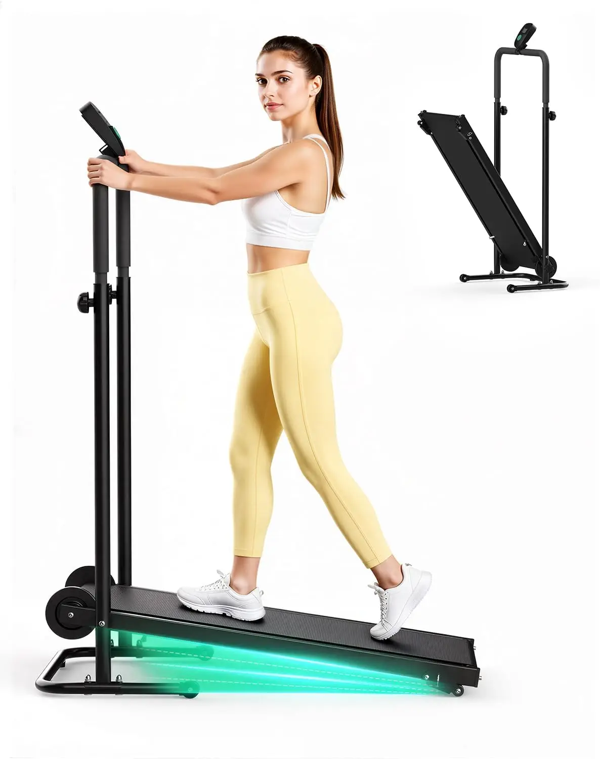 Manual Treadmill with Dual Flywheel, Fixed Incline, Soft Foam Handles, Non-Slip Running Belt, LCD Monitor, Compact Foldable Design for Home or Gym Use