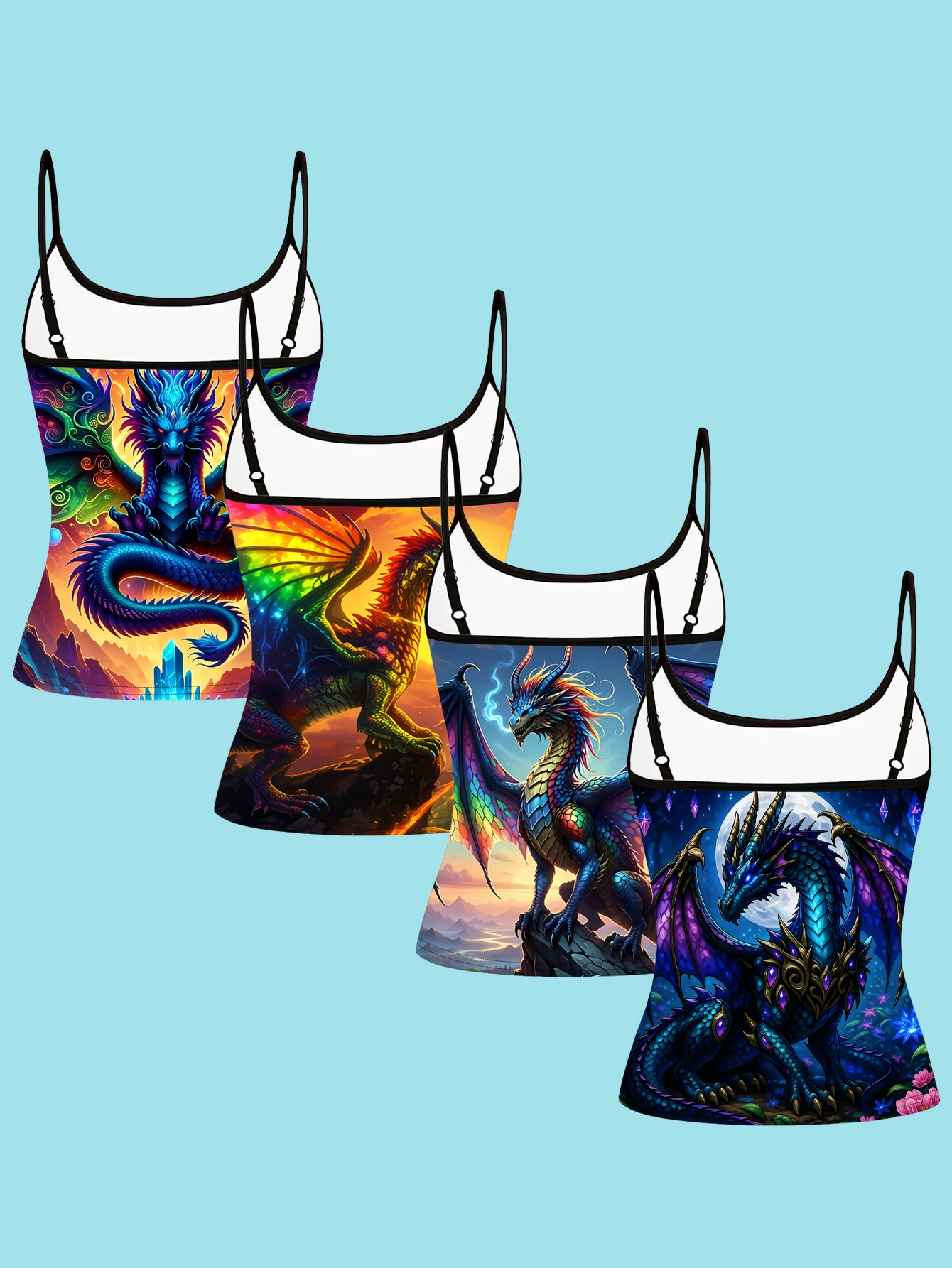4-Piece Set of Women's Colorful Dragon Print Camisoles with Rainbow Wing Dragon Magic Circle and Starry Sky Mountain Design, Slim-Fit Spaghetti Strap Inner Tops