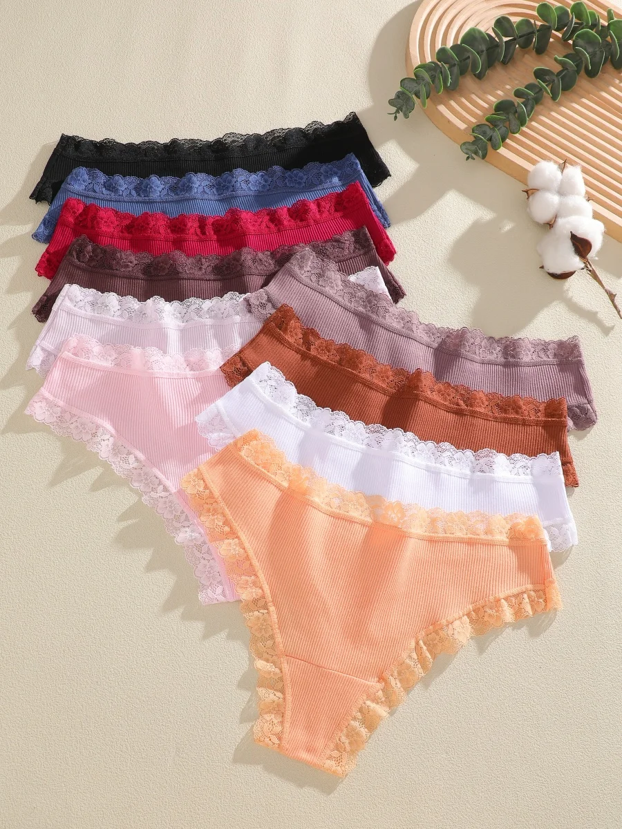 6 Stück/Set Baumwoll-Patchwork-Spitzenhöschen für Damen, einfarbig, atmungsaktiv, niedrige Taille, G-Strings, Unterwäsche, weiche, bequeme Tangas – Detail 8
