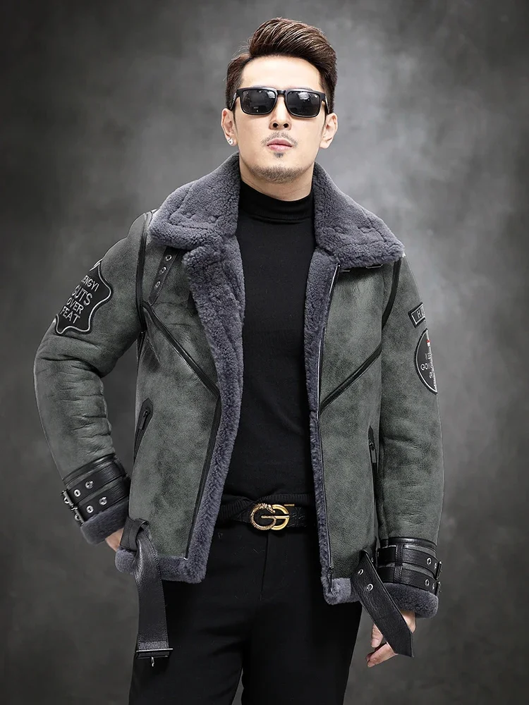 Ecology Original Shearling Coat Men's Genuine Leather Jacket Men Motorcycle Clothing B3 Flight Suit Winter Sheepskin Fur Coats