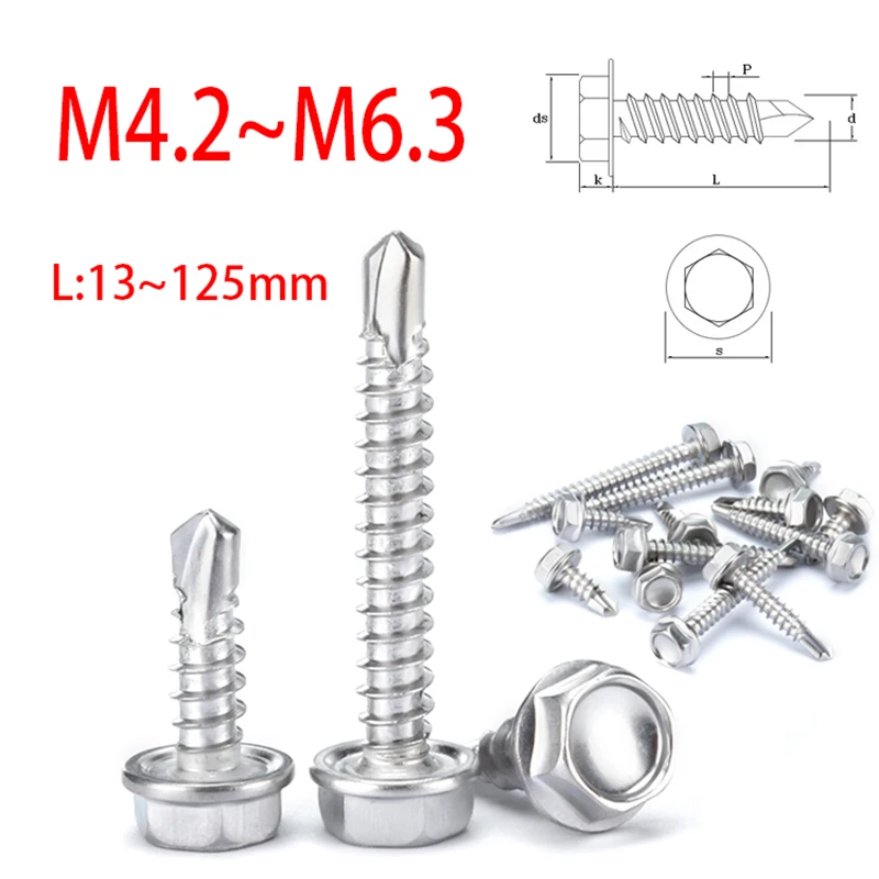 5/10pcs 410 Stainless Steel Hexagon Head Self-Drilling Screws Self-Tapping Dovetail Bolts Length:13~125mm