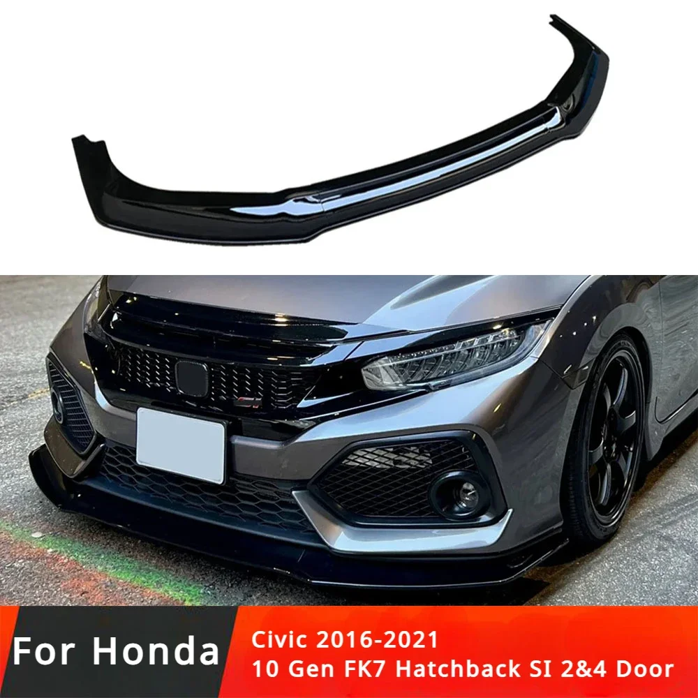 3PCS GR STYLE 2&4 Door Car Front Bumper Spoiler Splitter Glossy Black For Honda Civic 2016-2021 10 Gen FK7 Hatchback