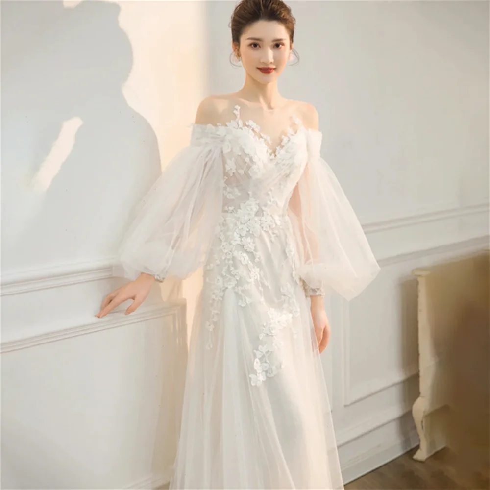 Elegant White Puff sleeve Mermaid Tulle Off Shoulder Wedding Dress Elegant Pleat High Slit Bridal Gowns Customized A006