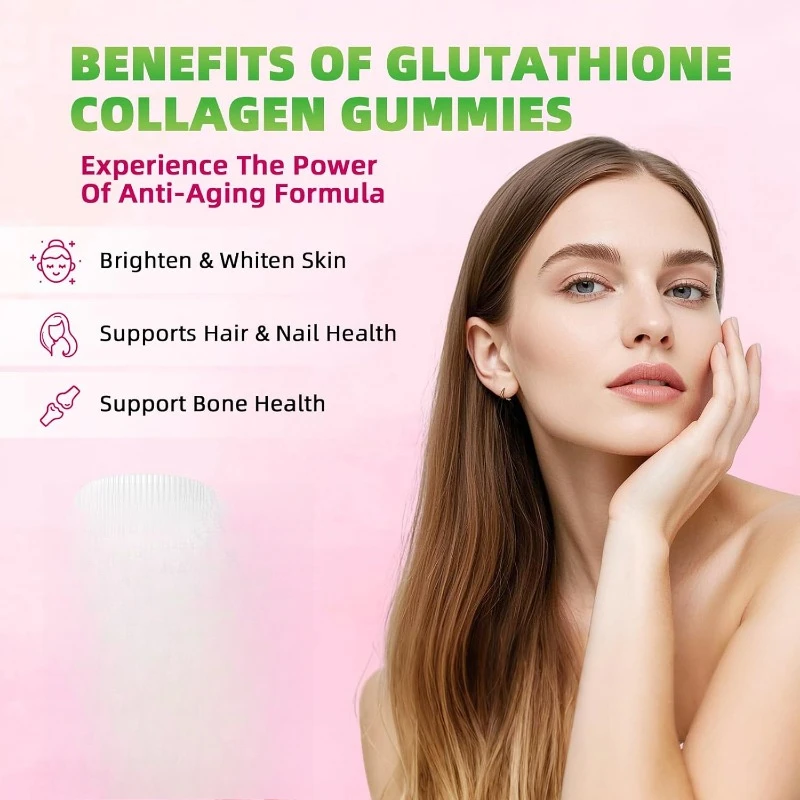 Collagen glutathione gummies supplement. vitaminsC,E, D, and B12, used in anti-aging formulas and to enhance bones