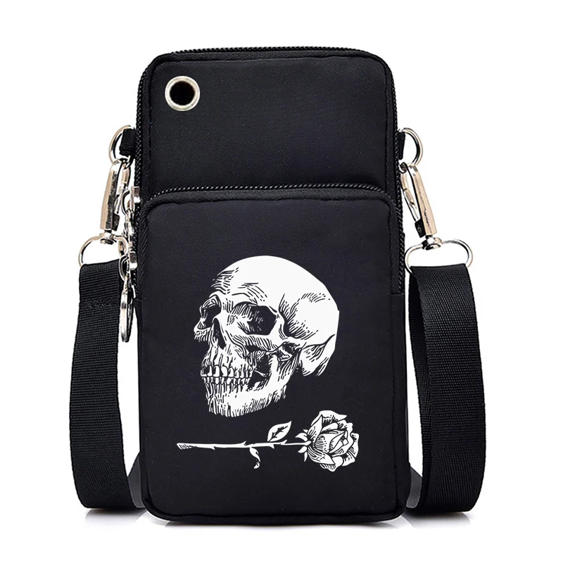 Skull $ Rose Men Women Classic Mini Mobile Phone Bag Vintage Travel Messenger Bag Casual Skeleton Trend Purse Crossbody Bags