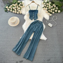 Women Summer Cool Denim Suits Fashion Spaghetti Strap Jean Vest+High Waist Wide Leg Jeans Female Two Pieces Casual Commute Sets