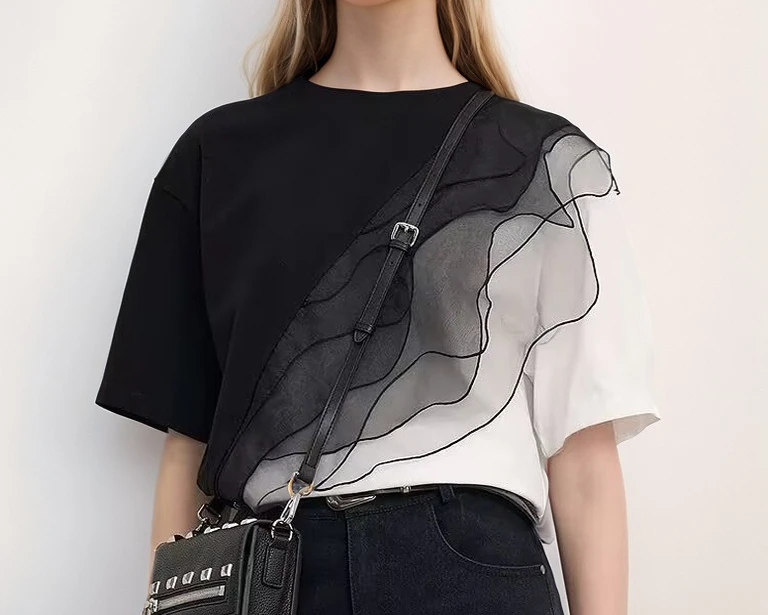 French Contrast Organza Splicing Short-sleeved T-shirt for Women 2026 New Style Simple Round Neck Versatile Slimming Top