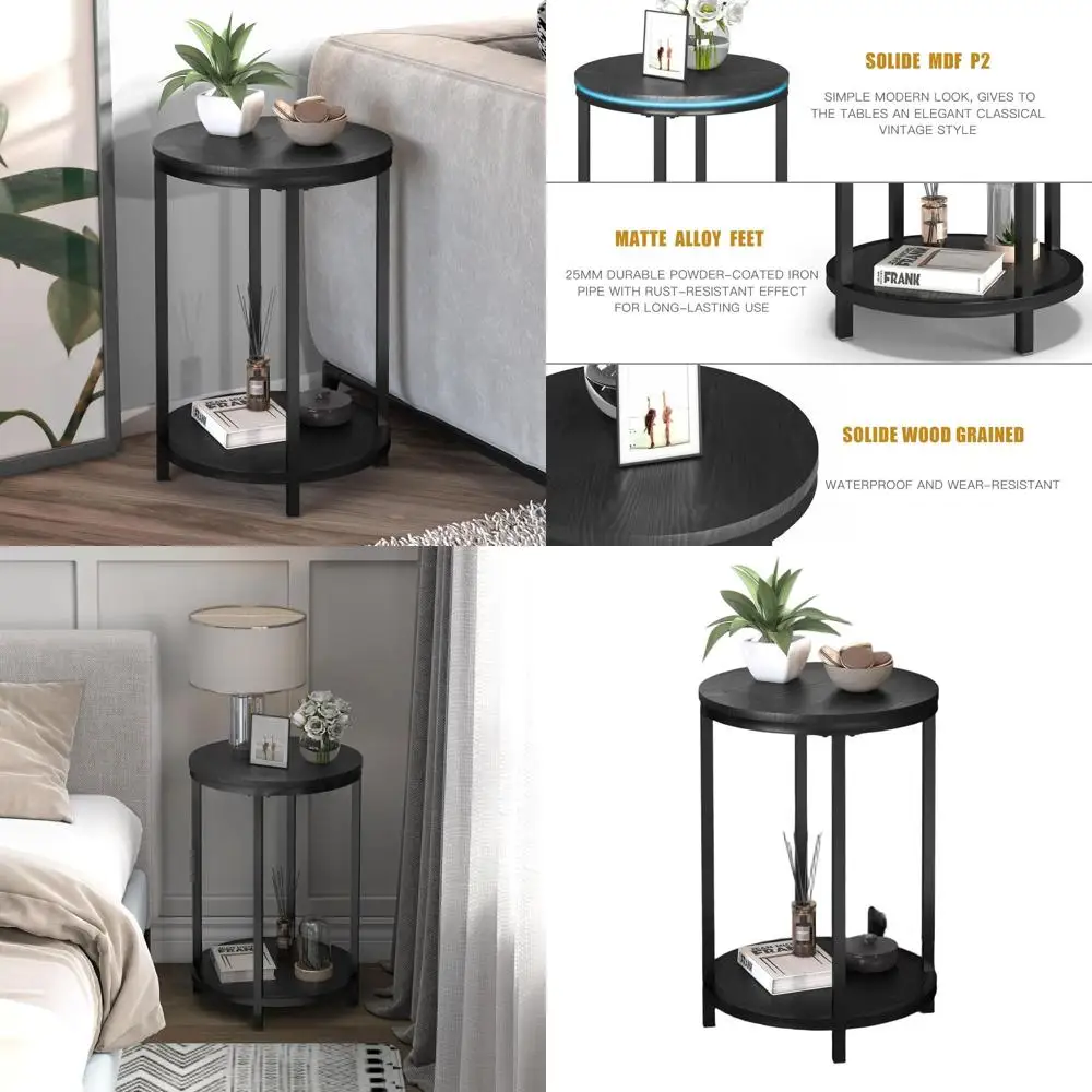 

Rustic Wooden 16 Side Table with Metal Legs, Open Shelf for Living Room or Bedroom, Black