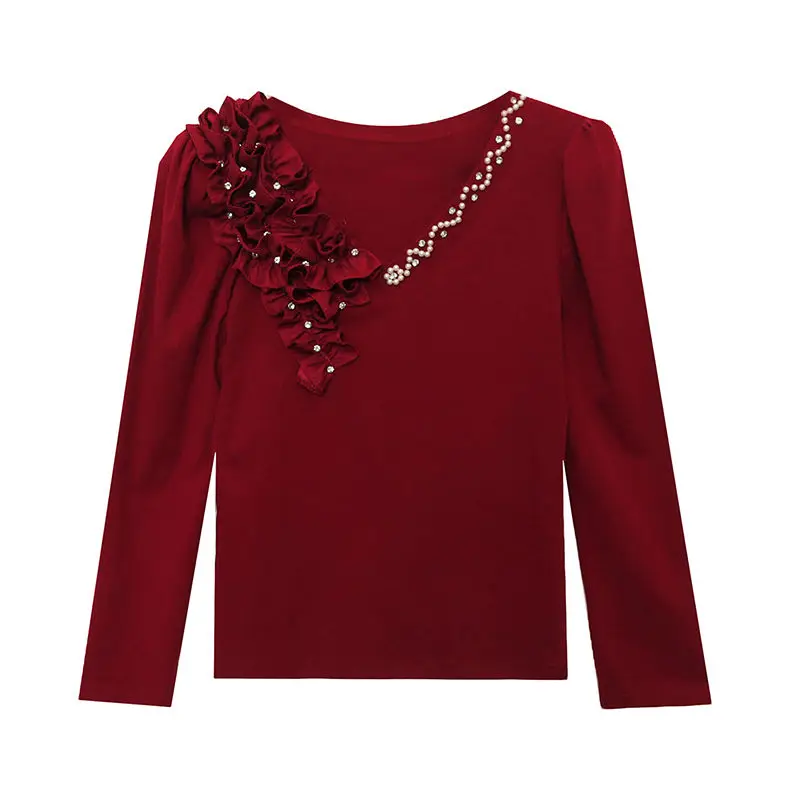 2024 European Clothes Women Long Sleeve T-shirt Chic Sexy V-Neck Beading Tops Autumn Ruffle Hot Diamonds Tees Cotton Shirts