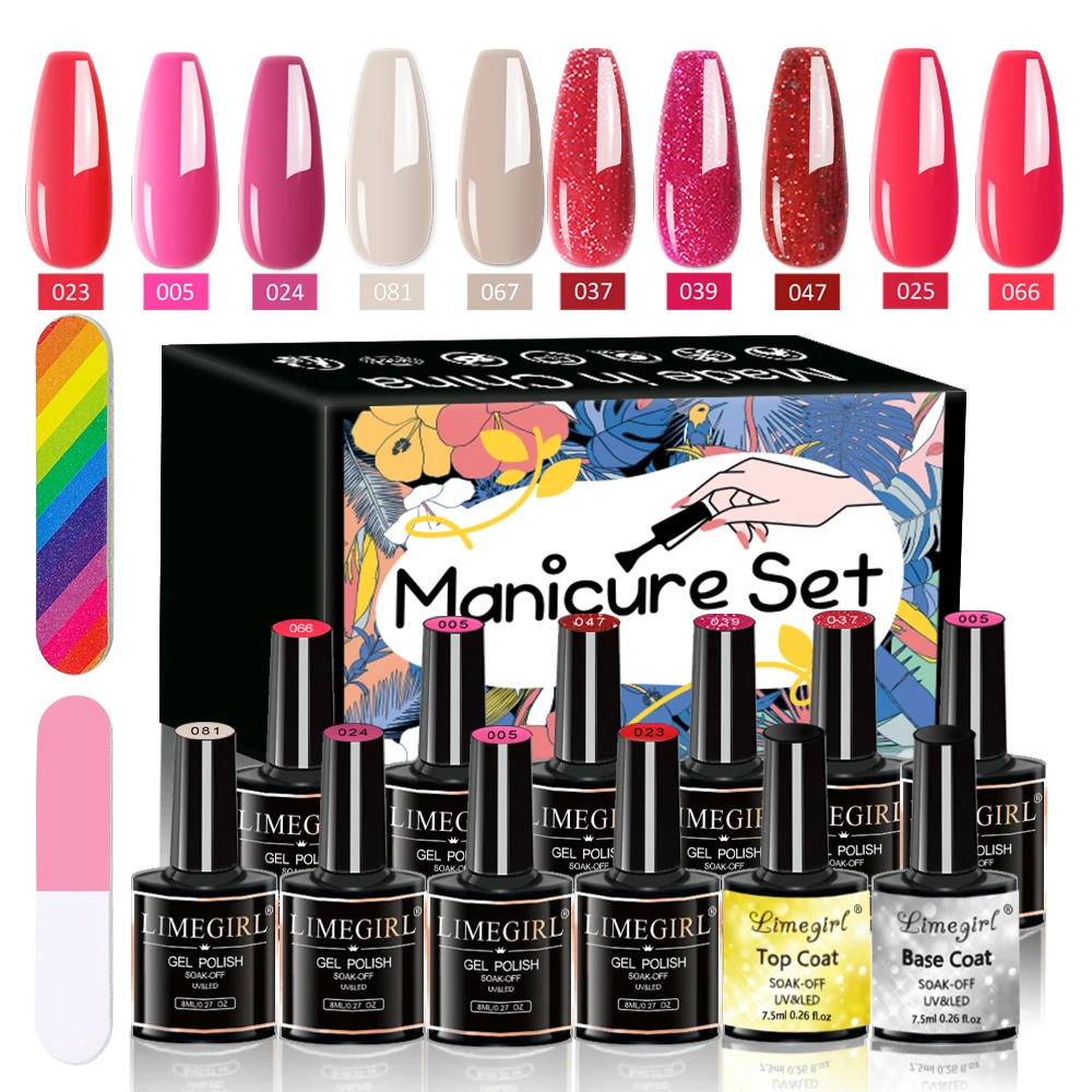 

LIMEGIRL 10 шт. набор УФ-гель-лаков для ногтей в подарочной коробке 8 мл дизайн ногтей удаляется замачиванием УФ-лампа искусственный набор с верхним и базовым покрытием