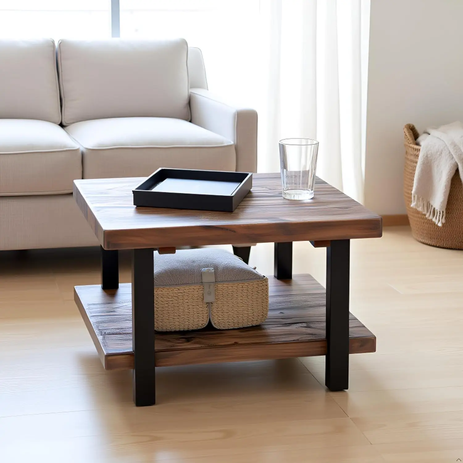 27" Rustic Square Coffee Table - Solid Pine Wood with Natural Weathered Finish & Industrial Metal Legs