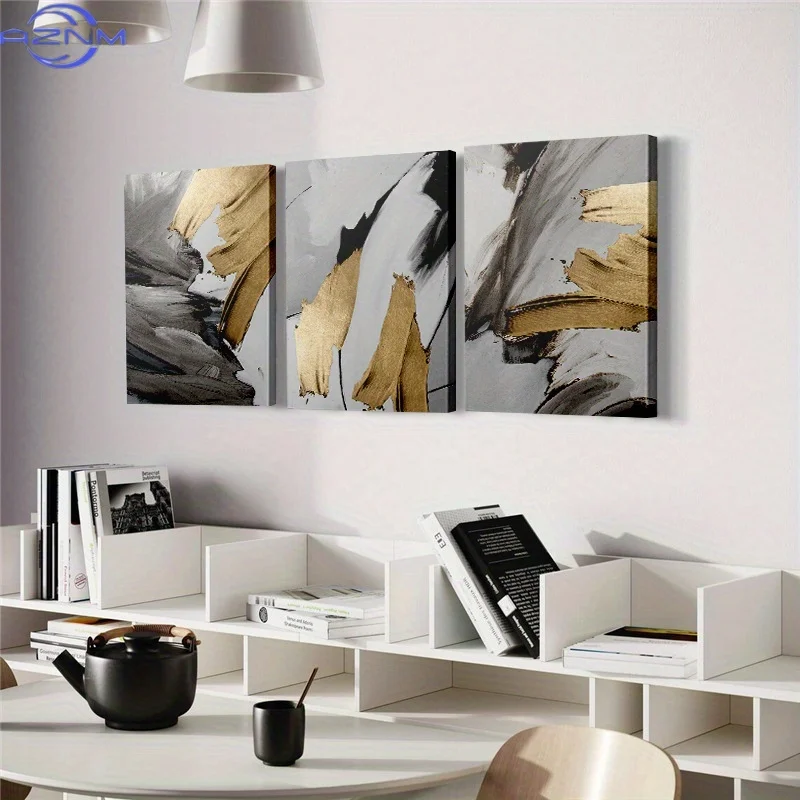 3pcs Modern Luxury Abstract Line Art Wall Painting - Vertical Black & Golden  Framed Canvas Suitable for Living Room, Bedroom, H