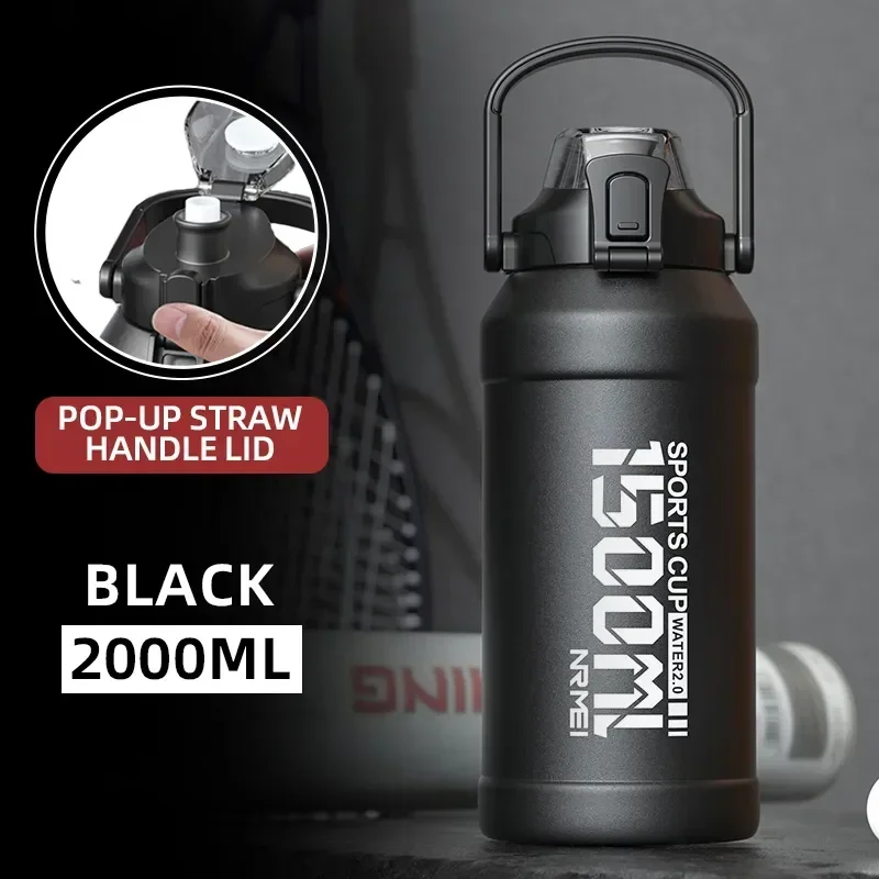 2L Water Bottle Thermos Bottle with Removable Straw, Protable Stainless Steel Water Bottle with Carry Handle for Gym