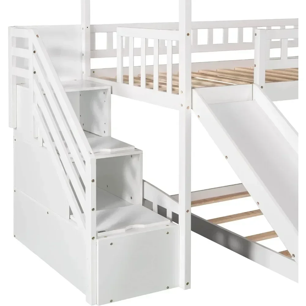 Bunk Bed Frame with Two Drawers,Slide,Stairs and Guardrails,White,Solid Wood Bed Frame w/ Staircases and Guardrail for Children