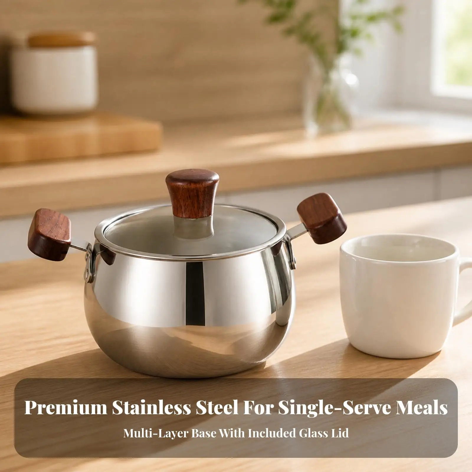 Stainless Steel Saucepan with Glass Lid 5-Layer Cookware for Singles