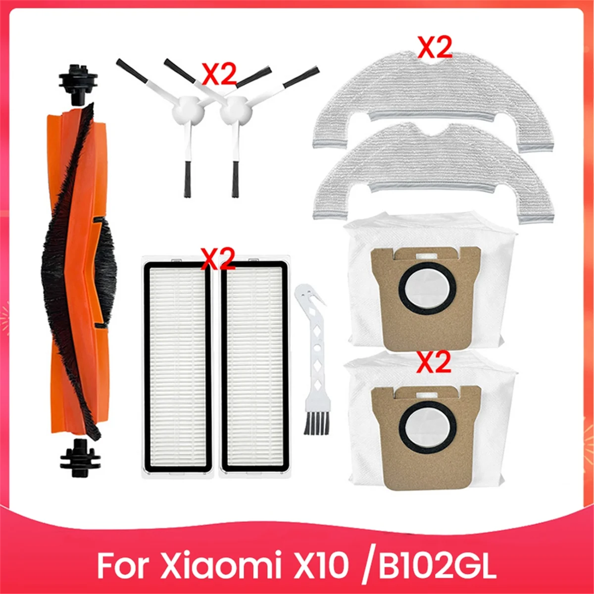 AB31 10PCS Vacuum Cleaner Brush Dust Bag Filter and Mop Cloth Set for X10 B102GL Vacuum Cleaner Replacement Parts