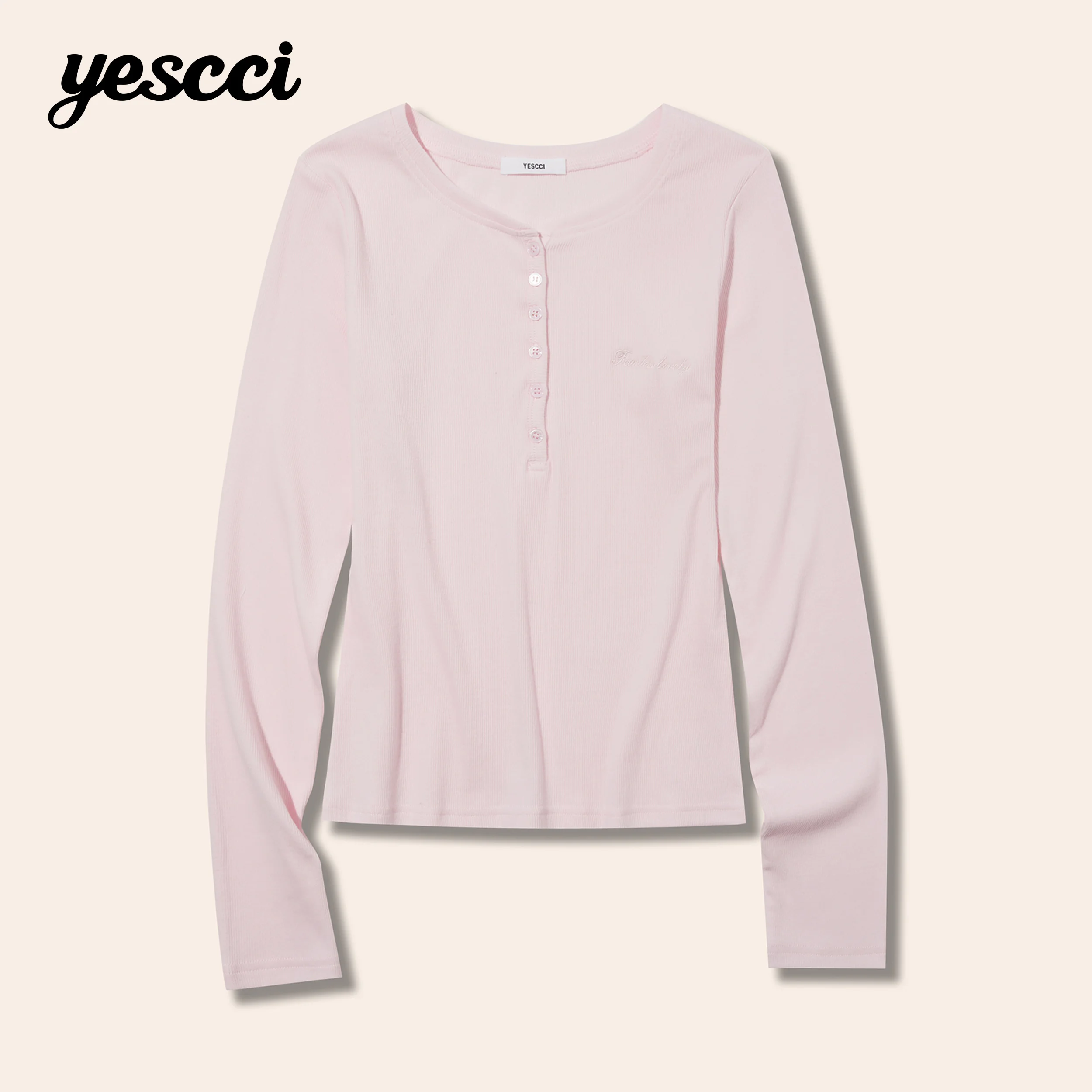 YESCCI Cotton T Shirt Autumn New Half Placket O-Neck Embroidery Soft Knit Tops Stretch Versatile Daily Layering Tee S56112640