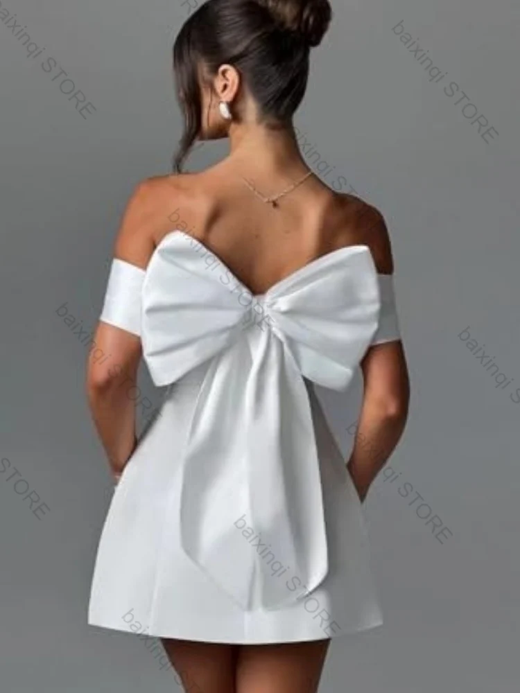 White Satin Evening Dress Women Bow Short Skirt Strapless Formal Occasion Can Custom Wedding Communion Women's Evening Dresses