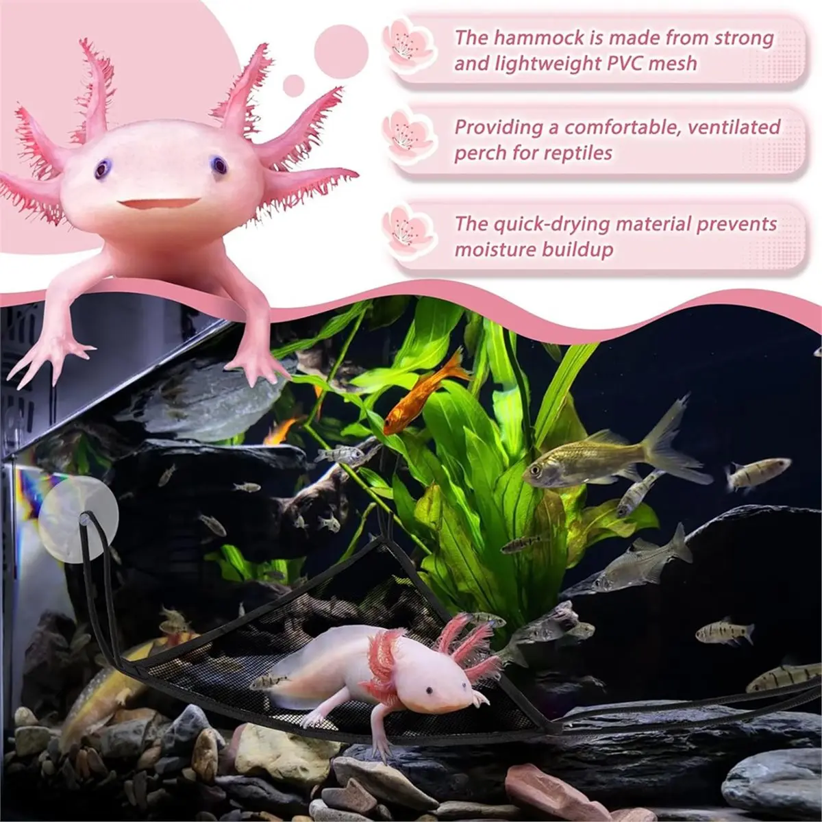 Time Saving 2 Pcs Axolotl Bearded Dragon Lizard Hammock with Large Suctions and Rope No Rust Breathable Mesh Reptile Hammock