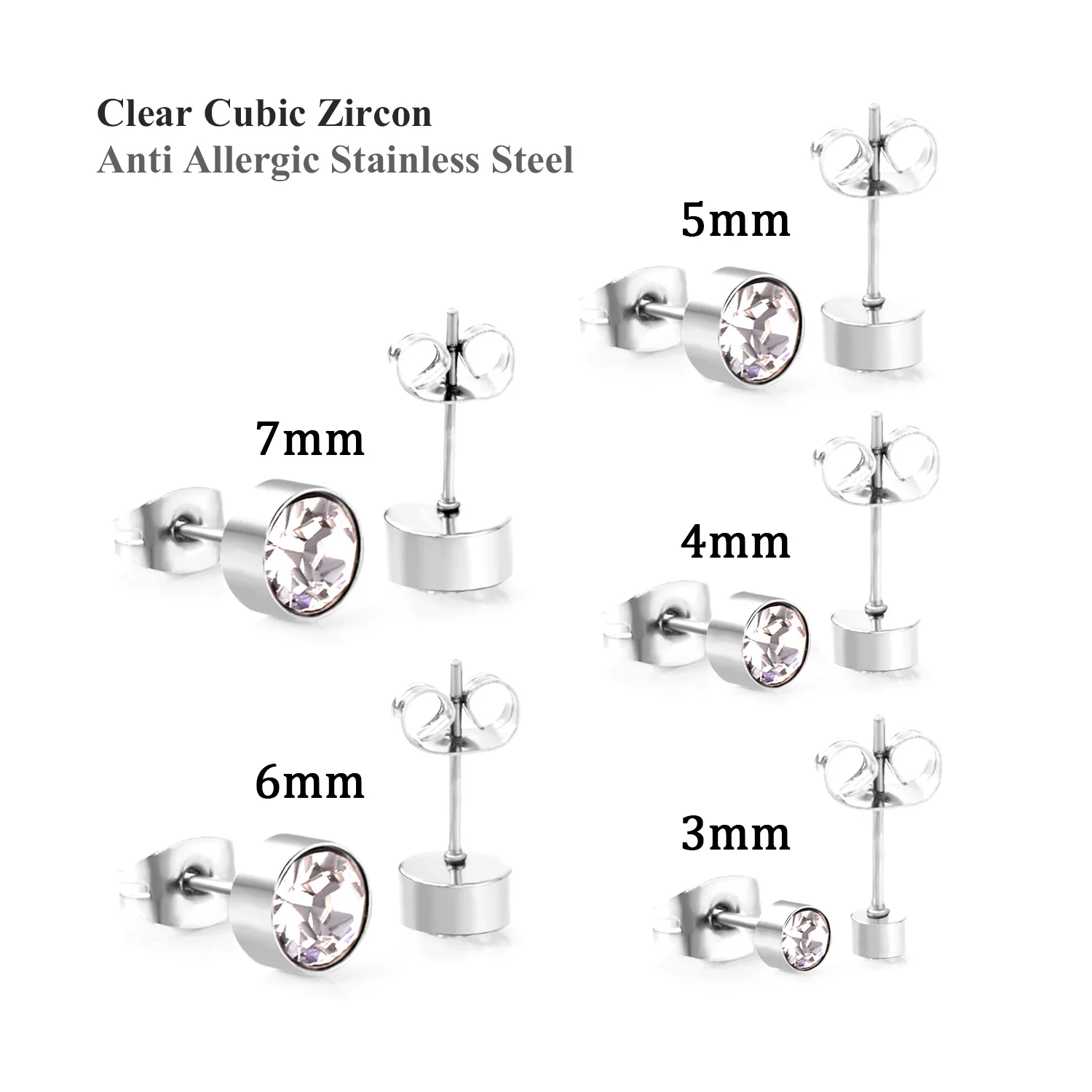 LUXUSTEEL 5Pairs/Lots Round Cubic Zircon Stainless Steel Earrings Sets Black Rose Golden Metal Studs Pendiente for Women Men