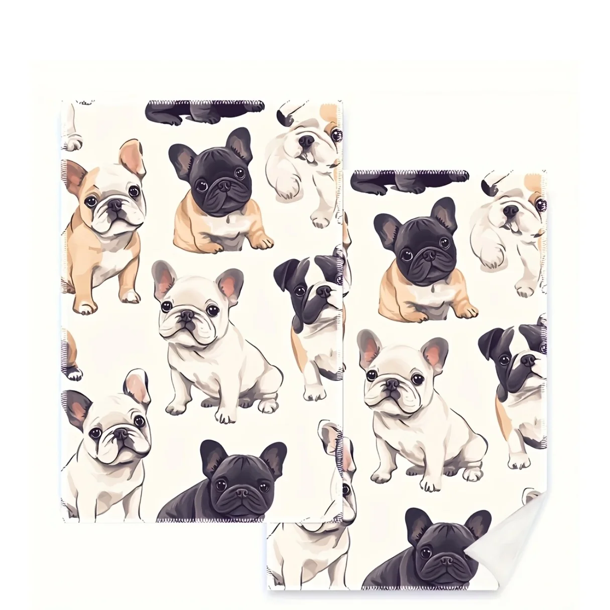 2 Pieces Vintage French Puppy Kitchen Towels - Soft Absorbent Polyester Rags, Cute Cartoon Pattern on One Side