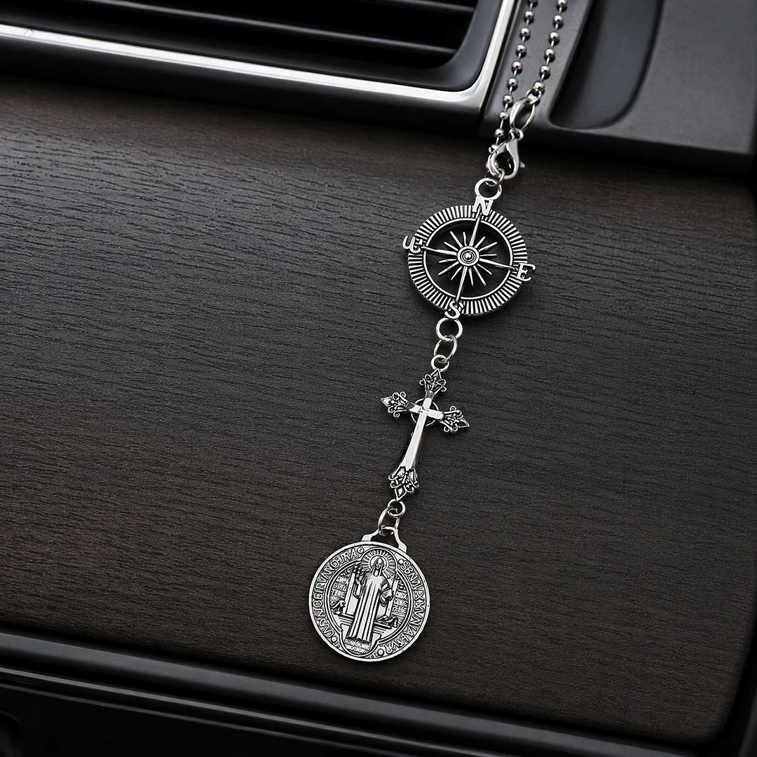 Christian Car Protection Hanging Ornament St. Benedict Cross Compass Alloy Rearview Mirror Charm for Car Interior Decoration