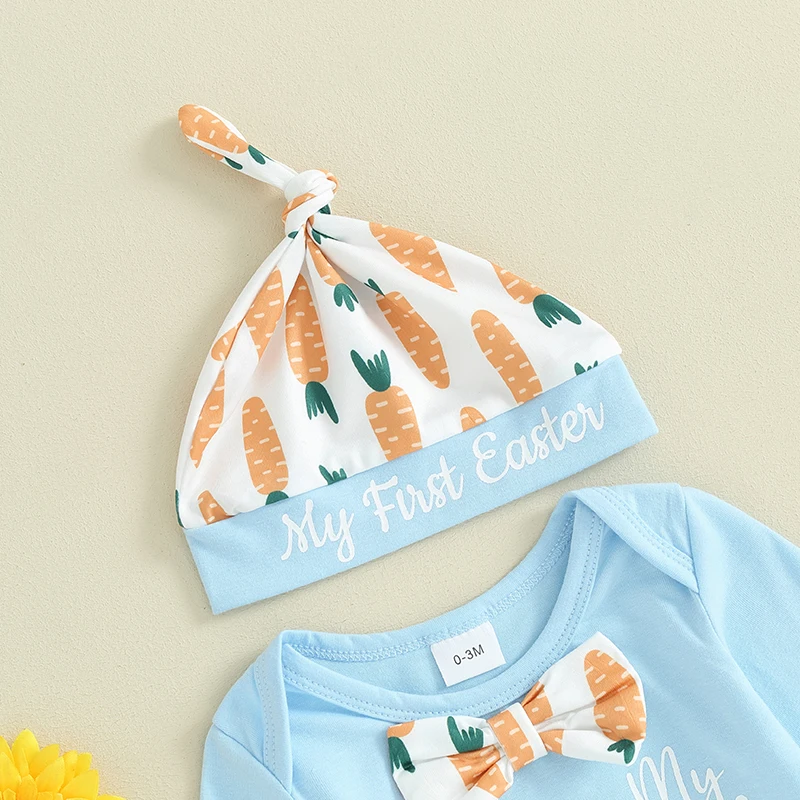 

Baby Boys Easter Outfit Sets Short Sleeve Bunny Print Romper Carrot Print Suspender Shorts Hat Sets for Spring