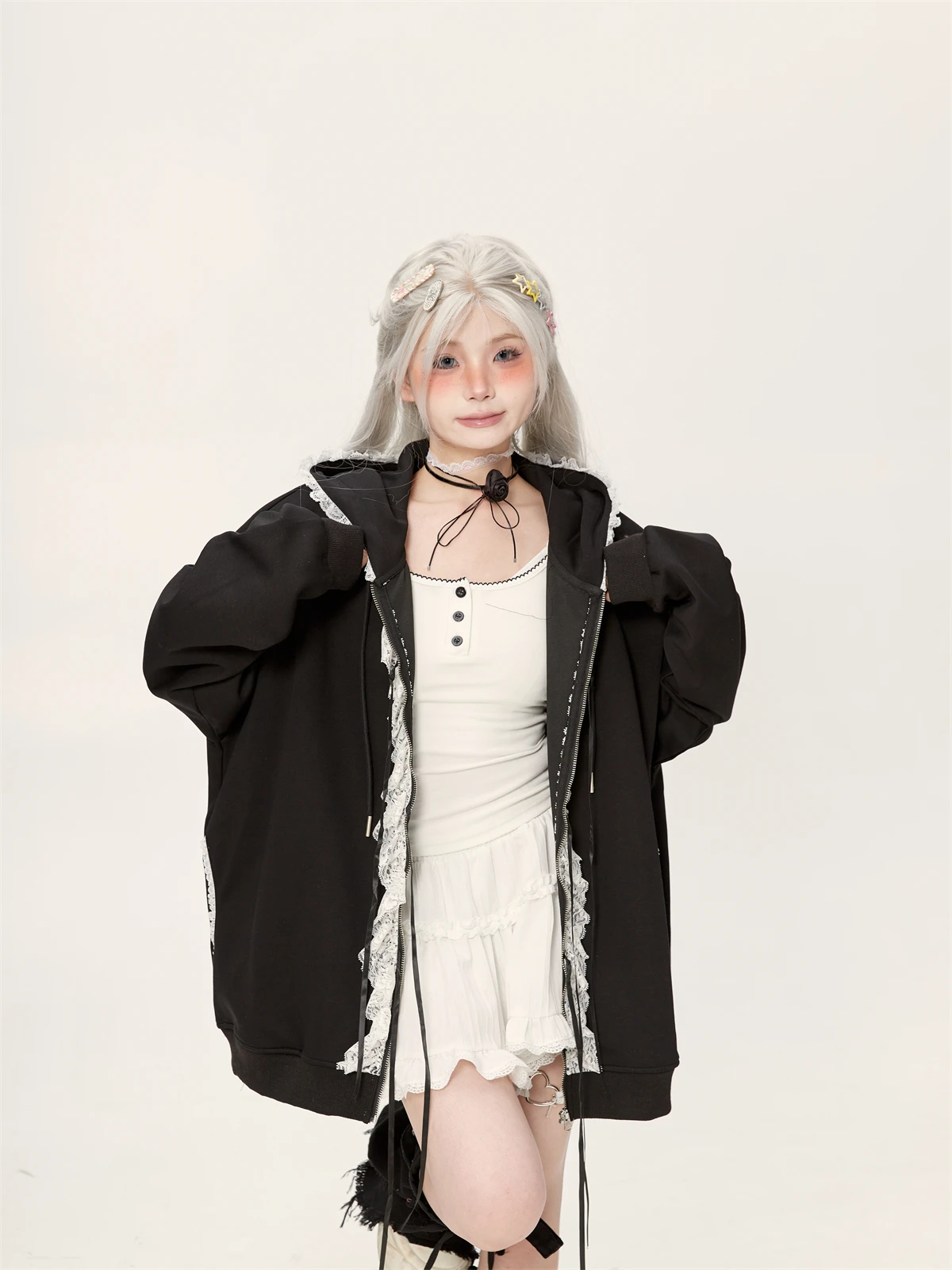 Lace Bow Zipper Gray Sweatshirts Jacket Women's Spring and Autumn 2025 New Hooded Long Sleeve Cardigan Top Oversized Hoodie