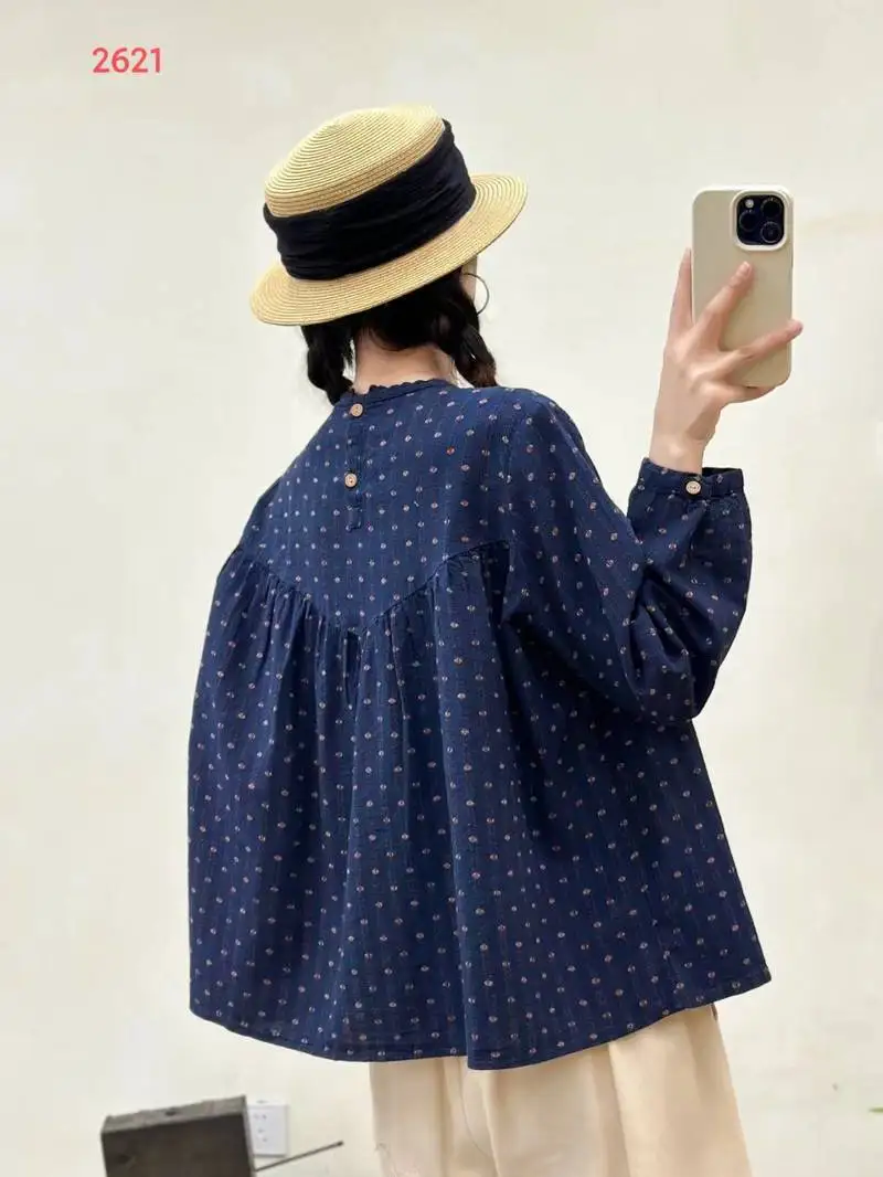 Chemise à manches longues en coton pour femmes, chemisier ample à volants, imprimé à pois, Style Preppy Mori Girl, nouvelle collection automne 2025 T5O551CC